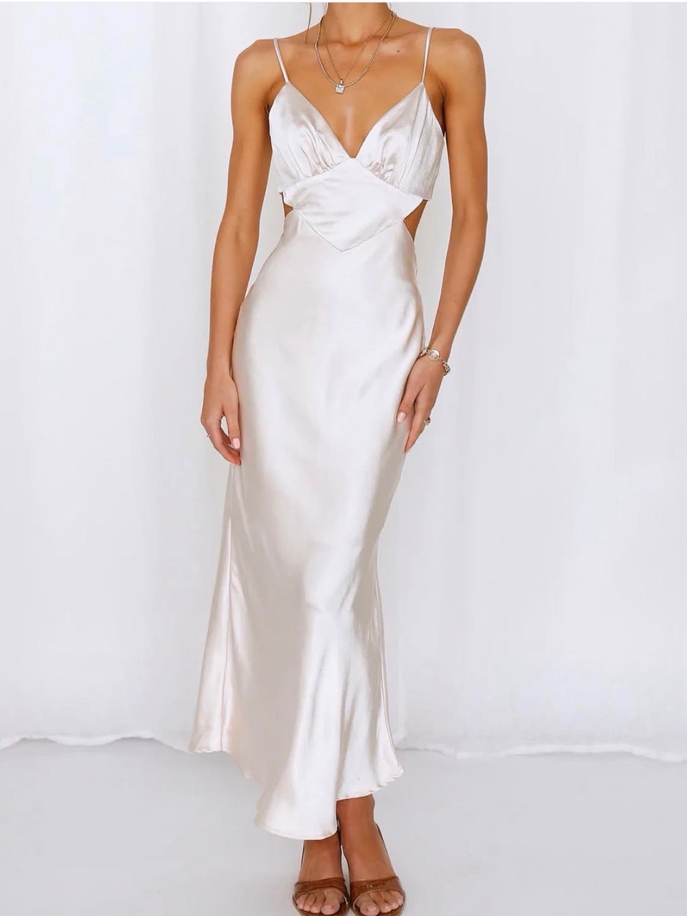 Hello Molly Satin Slip Midi Dress in Ivory